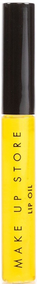 Keltainen huulirasvatölkki mustalla kannella, merkinnällä 'Make Up Store Lip Oil'.