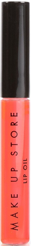 En rosa läppglansrör med svart lock, märkt 'MAKE UP STORE' och 'LIP OIL'.