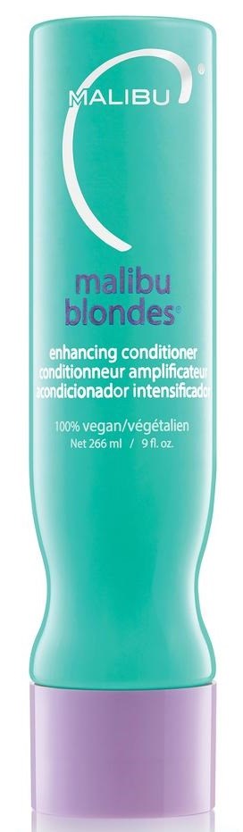 Flesje Malibu Blondes versterkende conditioner, lichtgroen met paarse dop, bevat vegan ingrediënten en is 265 ml.