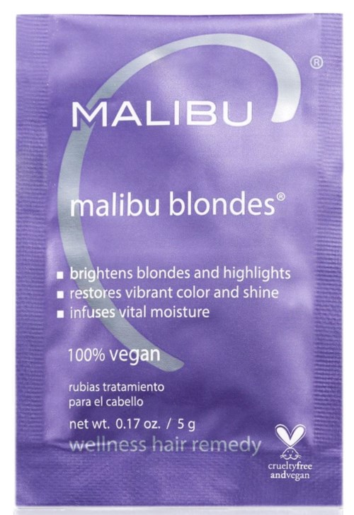 Paars zakje met 'Malibu Blondes' voor haar, beweert te verhelderen, kleur te herstellen en vochtinbrengend, vegan en cruelty-free.