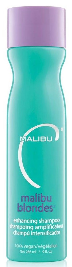 Een turquoise shampoo fles met een paarse dop, gemerkt Malibu Blondes, voor het verbeteren van blond haar.