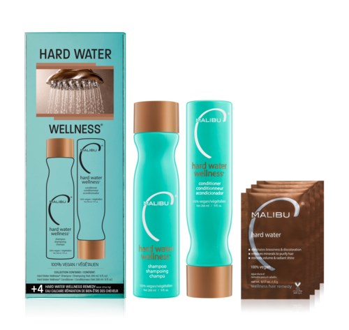 Malibu Hard Water Wellness haarverzorgingsset bevat shampoo, conditioner en herstelverpakkingen voor droog haar.