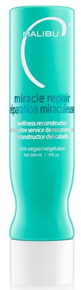 Een tealblauwe fles Malibu Miracle Repair haarverzorging met witte dop en productinformatie op het label.