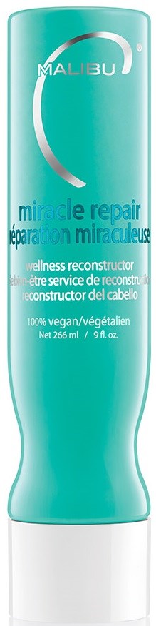 Een lange, turquoise fles met witte dop, gemerkt Malibu miracle repair voor haar, veganistisch, 266 ml.