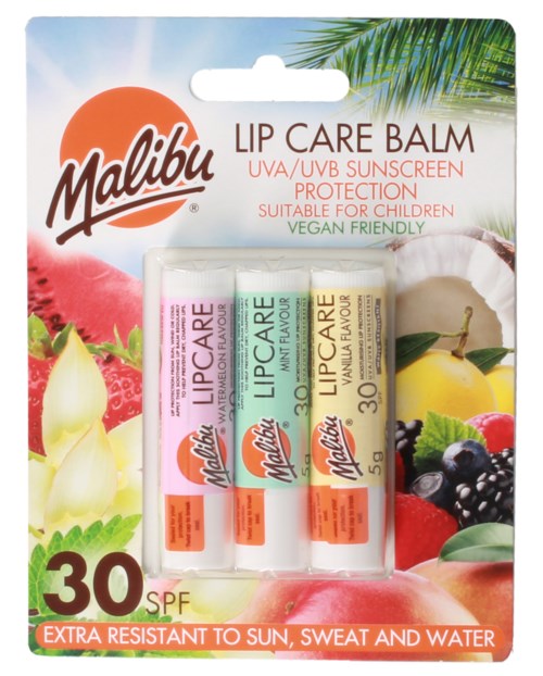 Malibu lippenbalsem met fruitige smaken, SPF 30, geschikt voor kinderen, veganistisch, beschermt tegen zon, zweet en water.