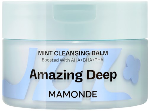 Eine weiße Dose mit Hautpflegecreme, Beschriftung "Amazing Deep" mit blauer Schmetterling und Text zur Reinigung und Inhaltsstoffen.