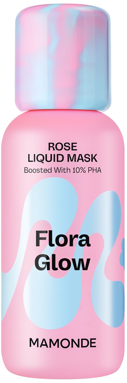 Een roze fles met een pastelkleurige dop, gemerkt "Rose Liquid Mask" door Mamonde, met een speels ontwerp.