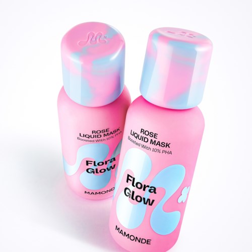 Twee roze flessen met blauwe en roze spiraal deksels, gelabeld Flora Glow Rose Liquid Mask van Mamonde.