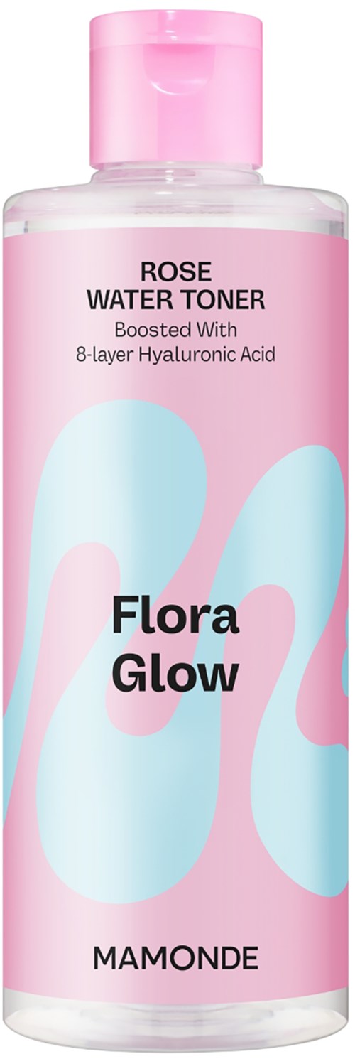 Een roze fles met 'Rose Water Toner' label, blauwe en roze patronen, 'Flora Glow' door Mamonde.