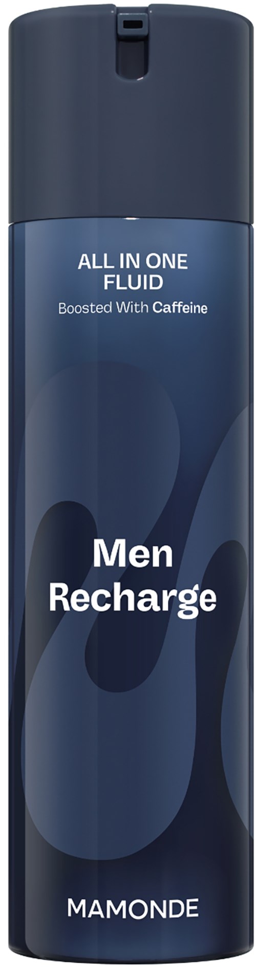 Lange, donkerblauwe spuitbus met 'Men Recharge' en cafeïne, voor herenverzorging of energie.