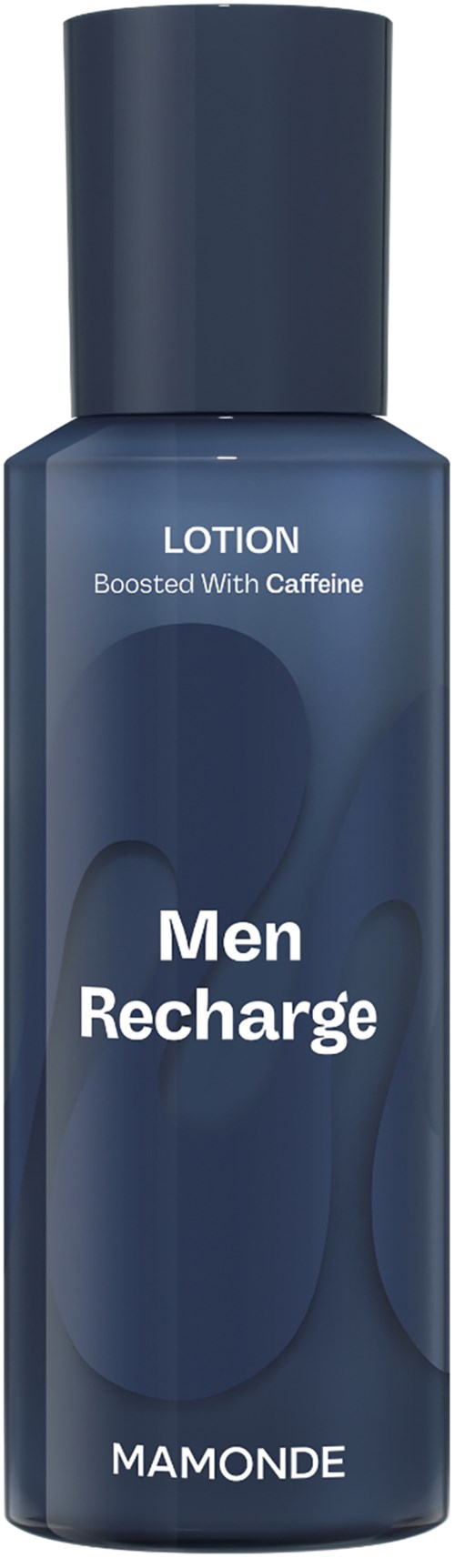 Een donkerblauwe fles met 'Men Recharge' lotion met cafeïne, door Mamonde.