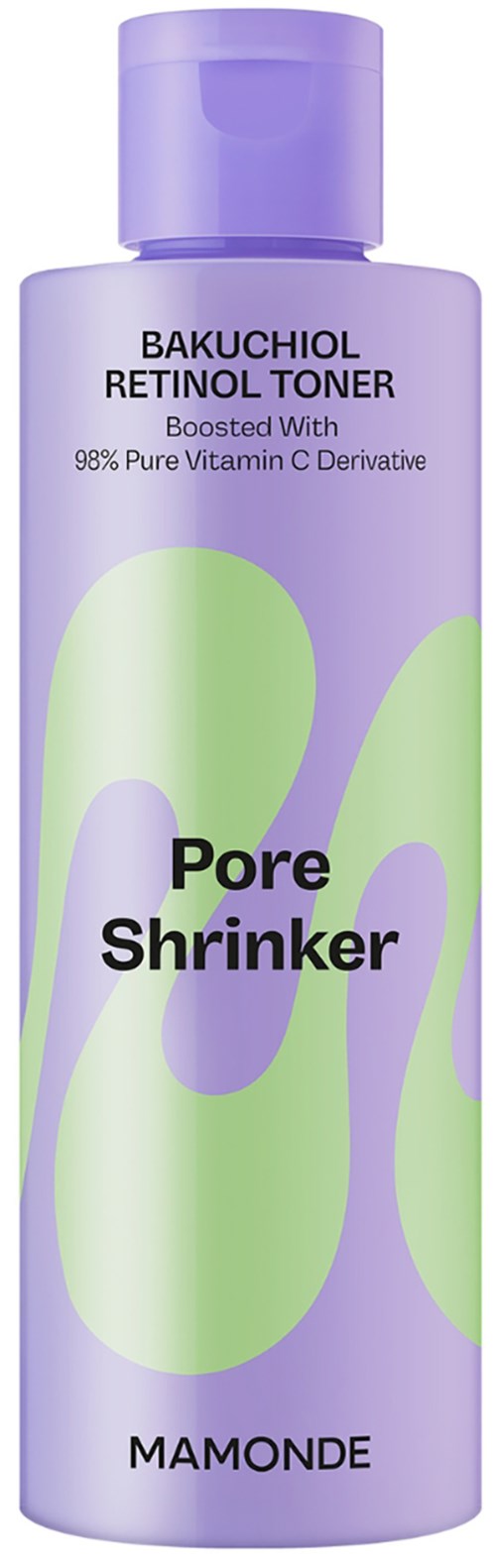 Een paarse fles met pore shrinker toner met groene abstracte vormen en zwarte tekst.