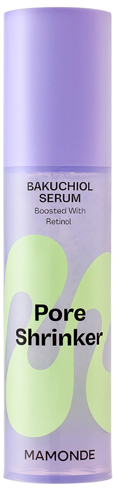 Een paarse cilindervormige fles met label 'Bakuchiol Serum' en 'Pore Shrinker' van Mamonde, met groene en paarse abstracte ontwerpen.