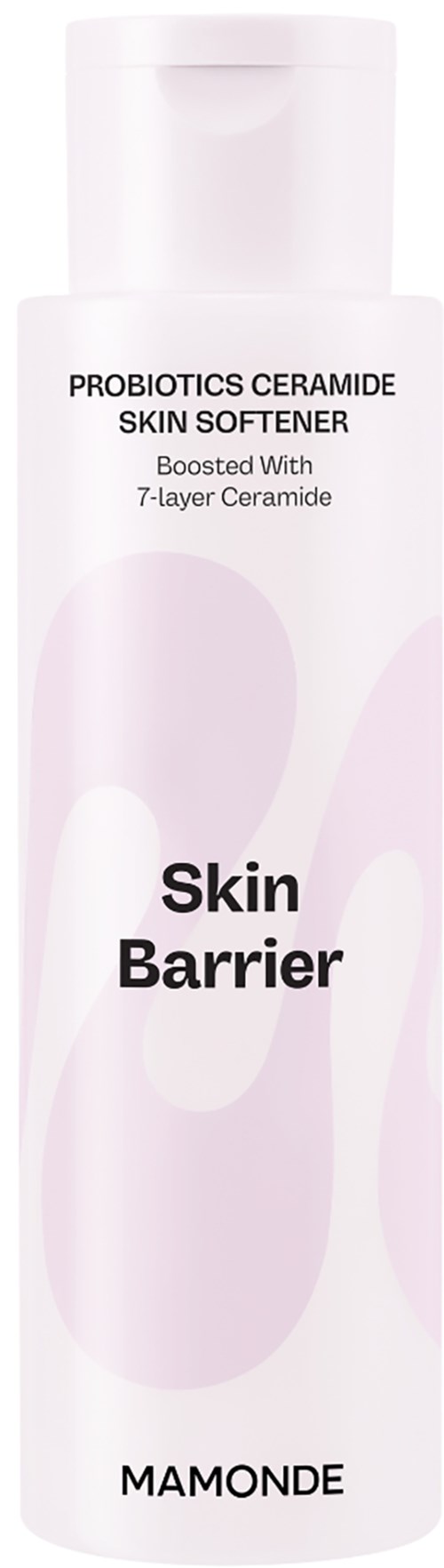 Een lange witte fles met label als huidbarrière met probiotica ceramide huidverzachter, versterkt met 7-laag ceramide.