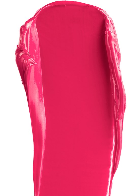 Ett glänsande lipstiftstreck i ljusrosa färg med en slät, böjd form.