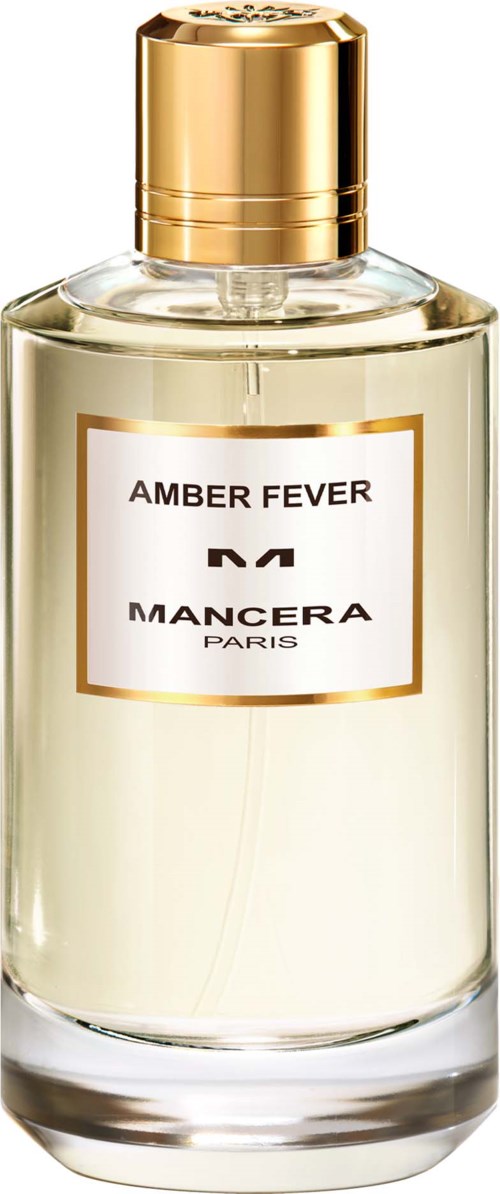 Een helder glazen parfumfles met een gouden dop, gemarkeerd 'Amber Fever' door Mancera Paris.