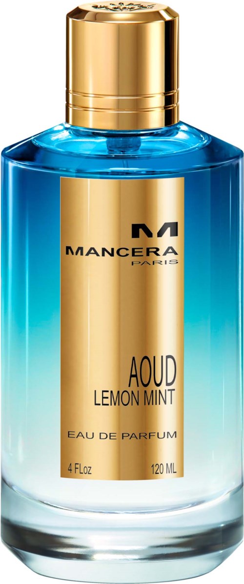 Een blauwe glazen parfumfles met gouden dop en etiket, genoemd "Mangera Paris Aoud Lemon Mint."