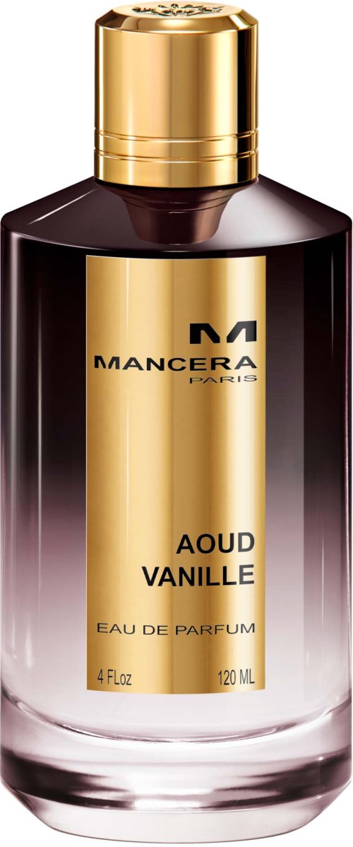 Een parfumfles met gouden dop en label, donkerbruin en doorzichtig glas, gemarkeerd "Mancera Paris AOUD Vanille".