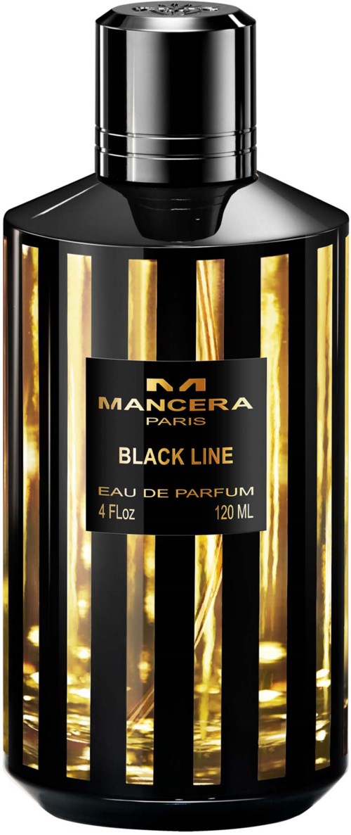 Een zwart parfumflesje met goudkleurige en zwarte strepen, gelabeld 'MANCERA PARIS BLACK LINE Eau de Parfum'.