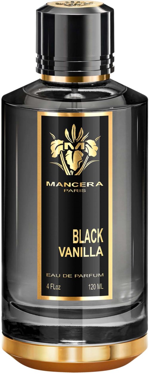 Een zwarte parfumfles met gouden accenten, gemerkt 'Black Vanilla' door Mancera Paris.