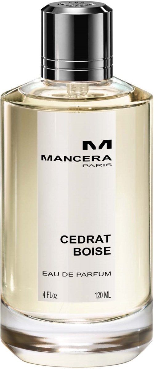 Een parfumfles met label Mancera Cedrat Boise, strak doorzichtig ontwerp en zilveren dop.