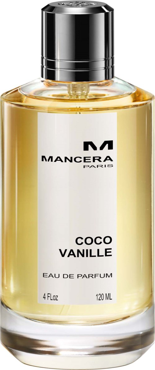 Een parfumfles met label 'Mancera Paris Coco Vanille' met zwarte dop en gele vloeistof.