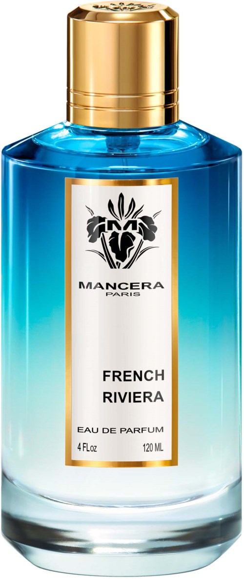 Een blauwe-gradient parfumfles met gouden dop en etiket met 'French Riviera' door Mancera Paris.