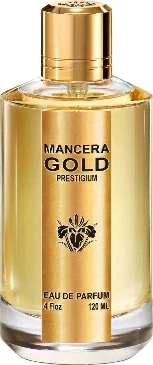 Een goudkleurige parfumfles met label Mancera Gold Prestige en bloemendessin, 120 ml.