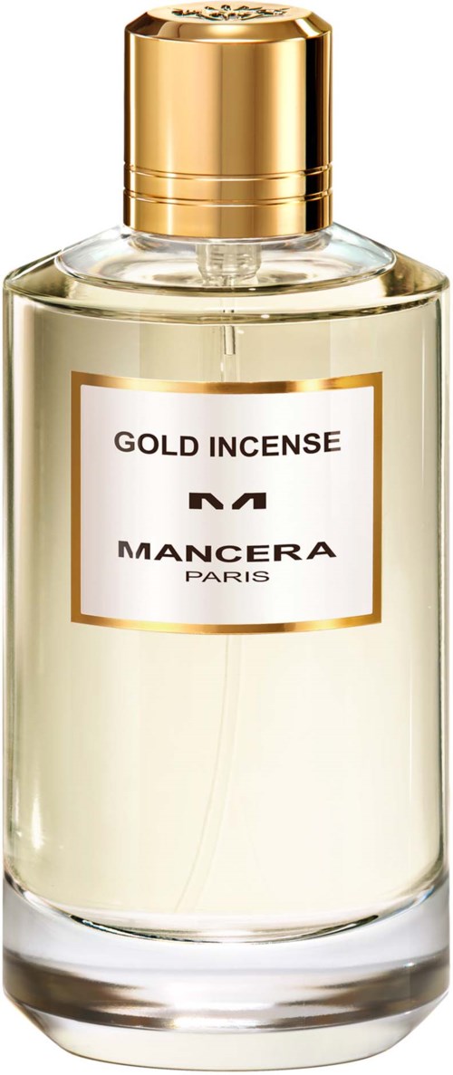 Een heldere glazen fles met een gouden dop, gemarkeerd 'Gold Incense' door Mancera Paris, bevat een lichte geur.