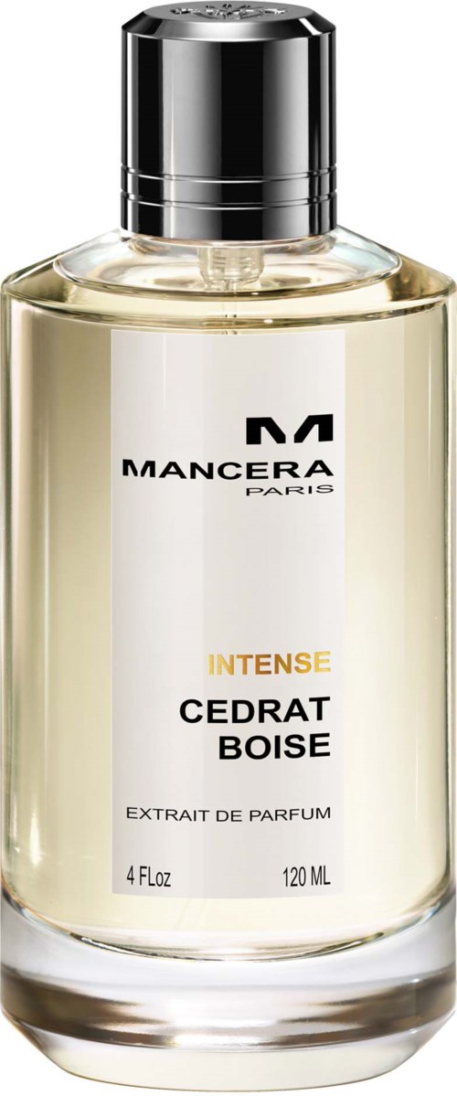 Een parfumfles met label Mancera Paris Intense Cedrat Boise, met heldere vloeistof en een zilveren dop.