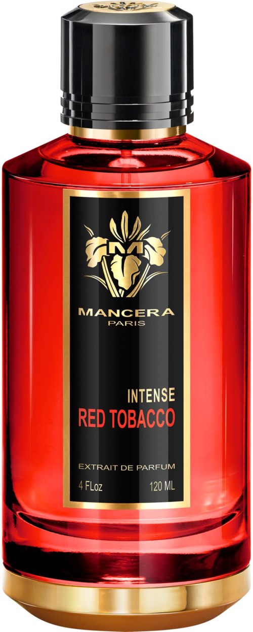 Een rood parfumflesje met een zwart en gouden label, goudkleurige bovenkant, en zwarte dop. Het label zegt "Mancera Paris" en "Red Tobacco."