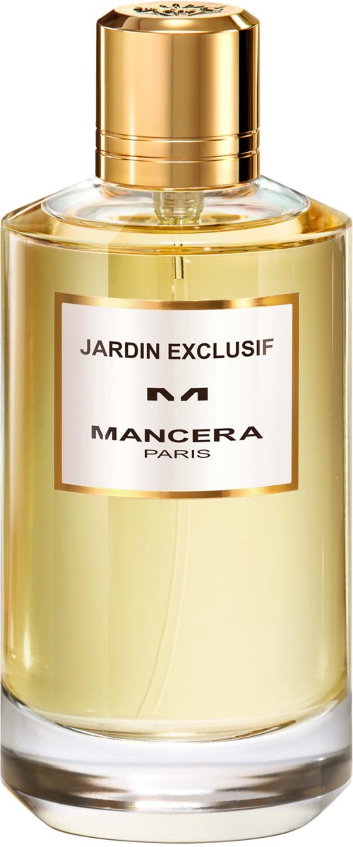 Een parfumbot met een gouden dop, doorschijnend glas en een wit label met de tekst "Jardin Exclusif MANCERA PARIS".