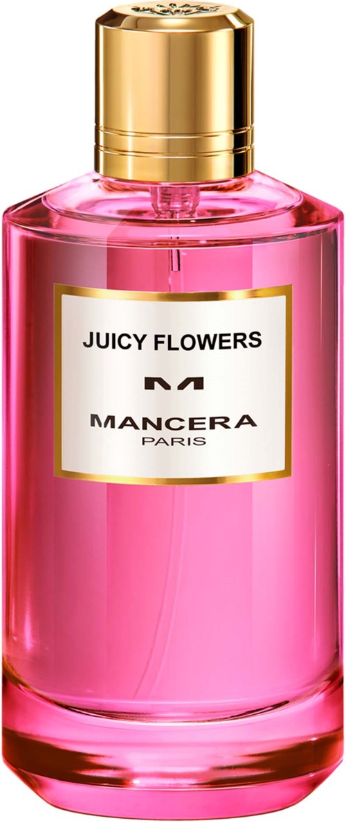 Roze parfumfles met een gouden klep. Label zegt Juicy Flowers door Mancera Paris.