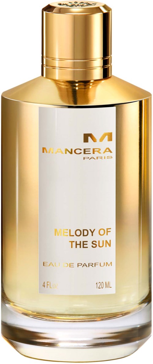 Gouden parfumfles met label 'Melody of the Sun' door Mancera Paris, 120 ml.