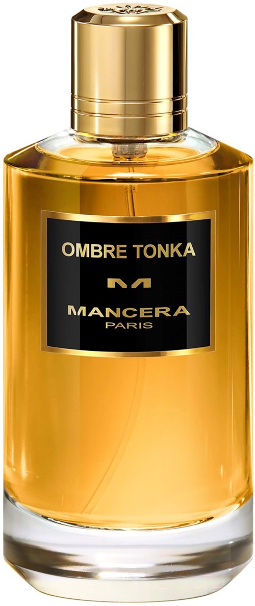 Een parfumfles met label Ombre Tonka door Mancera Paris, met een gouden dop en gele vloeistof.