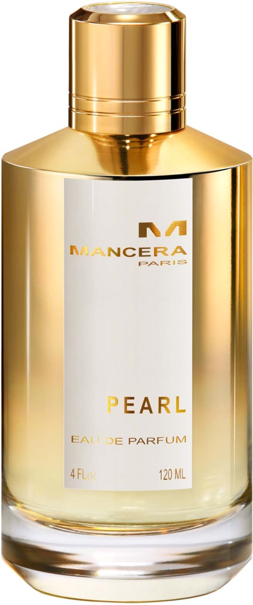 Een gouden en witte parfumfles met label 'PEARL Eau de Parfum' van Mancera, 120 ml, elegant en glanzend.