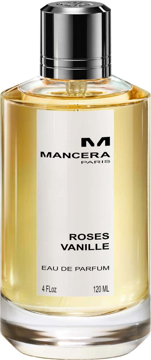 De afbeelding toont een fles Mancera Paris Roses Vanille-parfum met een zwarte dop en een wit label.