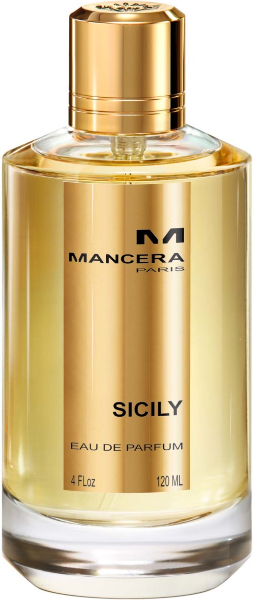 Een goudkleurige parfumfles met label Mancera Paris Sicily Eau de Parfum, 4 fl oz, 120 ml.