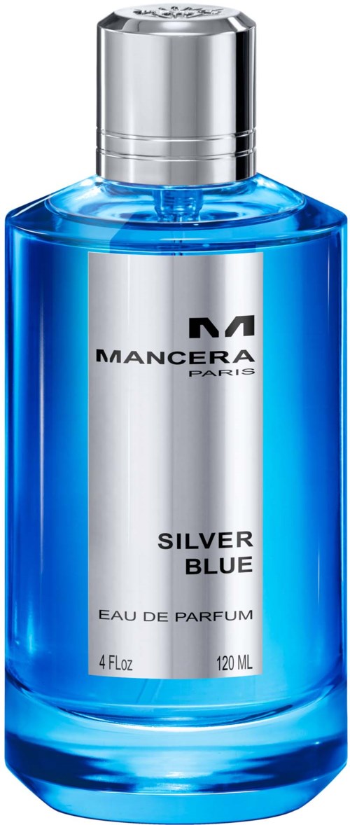 Een blauwe parfumfles met zilveren dop, gemarkeerd Mancera Silver Blue, 120 ml, Eau de Parfum.