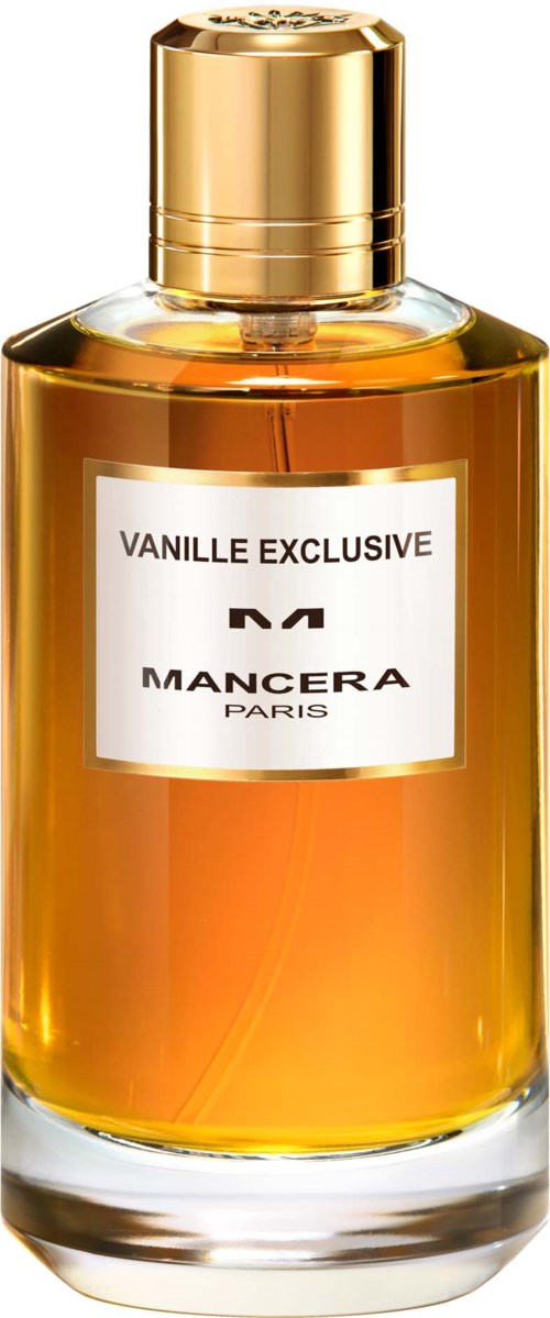 Een glazen parfumfles met een gouden dop, gemarkeerd 'Vanille Exclusive' door Mancera Paris.
