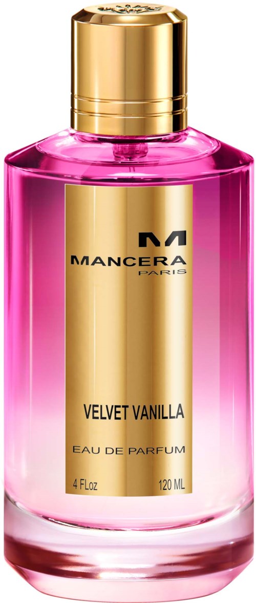 Roze parfumfles met gouden dop en label, genaamd "Velvet Vanilla" door Mancera Paris.