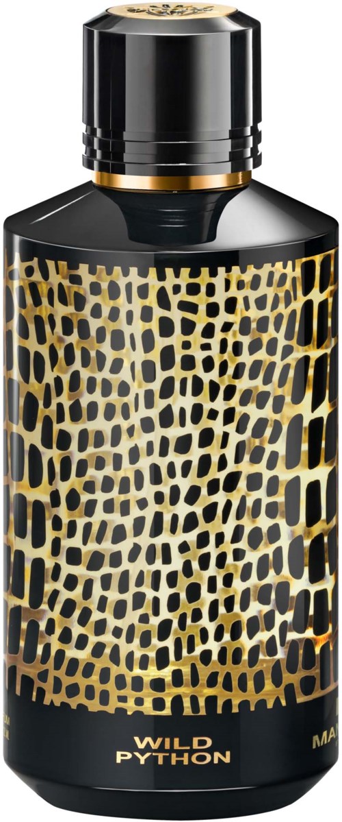 Een parfumfles met een zwarte dop en een goud en zwart dierenprint ontwerp op de body.