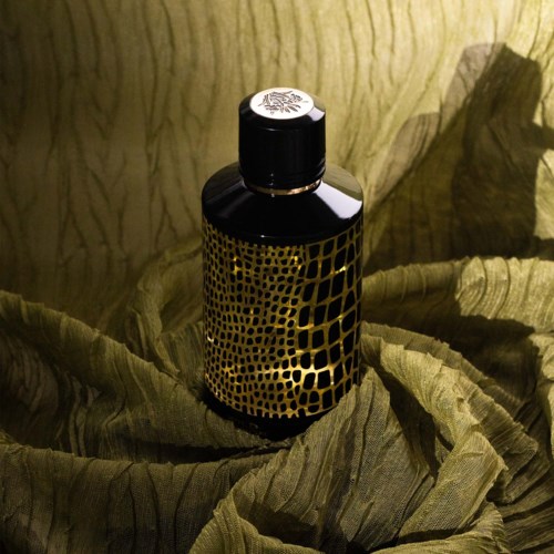 Een zwarte fles met gouden patronen staat op grote, gedroogde bladeren of plantenmateriaal, verlicht in een warme, gezellige setting.