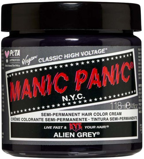 Semi-permanent hair color cream called 'Manic Panic' in Alien Grey shade, approved by PETA, for vibrant hair dye.