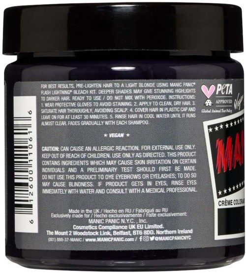 Black container with a label containing warnings, ingredients, and brand information about a Manic Panic hair product.