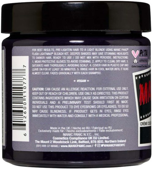 A black container with a label showing skincare or cosmetic instructions, warnings, and ingredients for blond hair lightening.