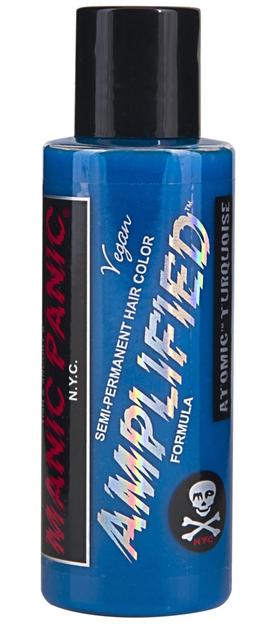 Blue bottle of semi-permanent hair color with black cap, labeled 'MANIC PANIC' and 'AMPED' in large text.
