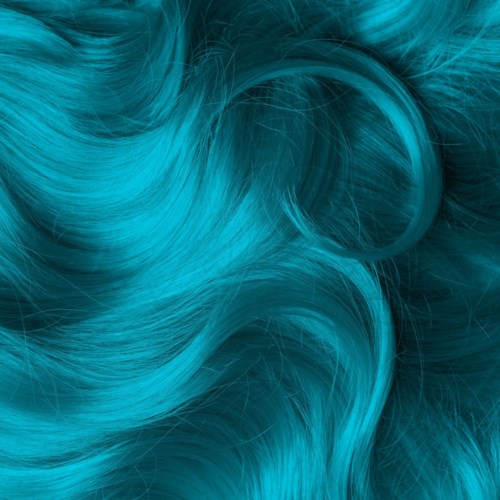 Turquoise hair in soft waves with a shiny, smooth texture.