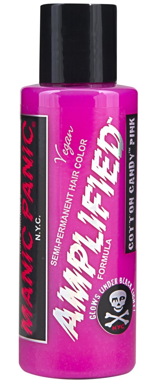 A pink bottle of semi-permanent hair color with black cap, labeled 'Amazing Colored!' for black, blue, or candy pink hair.