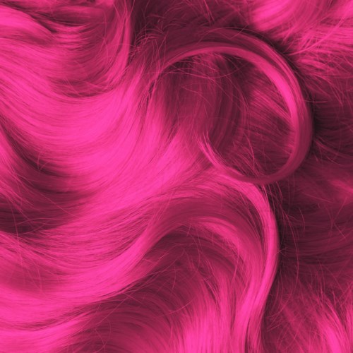 Pink hair styled in voluminous curls and waves. Bright, shiny, and vibrant with a smooth texture.